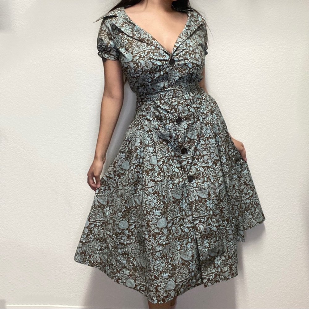 Brown and blue long button down dress